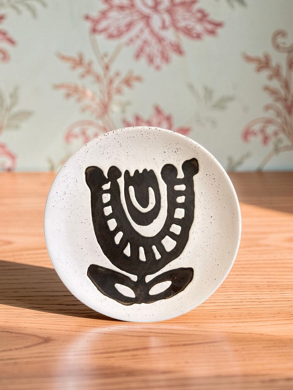 Bloomingville Ceramic Floral Plate Black White Folk Art Flower Speckled 8"